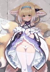 Rule 34 | 1girl, absurdres, animal ear fluff, animal ears, arknights, black gloves, blonde hair, blue bow, blue hairband, blush, bow, bow panties, braid, braided hair rings, closed mouth, clothes lift, clothes pull, commentary request, dress, dress lift, fox ears, fox tail, gloves, gluteal fold, green eyes, hair rings, hairband, highres, infection monitor (arknights), lifting own clothes, looking at viewer, material growth, multicolored hair, multiple tails, navel, oripathy lesion (arknights), panties, pantyhose, pantyhose pull, single glove, single wrist cuff, solo, standing, suzuran (arknights), tail, tatsuhiko, thigh gap, torn clothes, torn pantyhose, underwear, white hair, white panties, white pantyhose, wrist cuffs