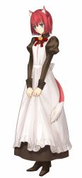 Rule 34 | 1girl, animal ear fluff, animal ears, apron, bell, blue eyes, blush, bow, bowtie, brown dress, brown footwear, cat ears, cat tail, commentary, dress, english commentary, frilled apron, frills, full body, grin, hair between eyes, high heels, highres, hisui (tsukihime), jingle bell, juliet sleeves, kemonomimi mode, long dress, long sleeves, maid, maid apron, mameneko 2, neck bell, puffy sleeves, red bow, red hair, short hair, simple background, smile, solo, tail, teeth, tsukihime, tsukihime (remake), white apron, white background
