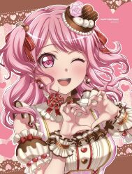 Rule 34 | 1girl, amefuri (amefuri0420), bang dream!, blush, breasts, dress, earrings, hair ornament, hair ribbon, happy birthday, heart, heart hands, highres, jewelry, long hair, looking at viewer, maruyama aya, medium breasts, one eye closed, open mouth, pink eyes, pink hair, ribbon, smile, solo, teeth, two side up, upper teeth only, white dress