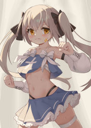 Rule 34 | 1girl, absurdres, armpits, bare shoulders, blue shirt, blue skirt, bow, clenched hands, closed mouth, cowboy shot, crop top, crop top overhang, detached sleeves, frilled skirt, frills, grey hair, hair bow, highleg, highres, long hair, long sleeves, looking at viewer, midriff, miniskirt, mole, mole under eye, navel, orange eyes, original, qianqiu wanxia, revealing clothes, shirt, skirt, sleeveless, sleeveless shirt, solo, spaghetti strap, stomach, sweat, thigh strap, twintails