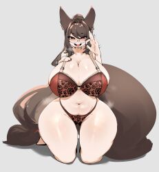 Rule 34 | 1girl, animal ears, blush, bra, breasts, bright pupils, brown hair, commission, crr001, curvy, fangs, fellatio gesture, fox ears, fox girl, fox tail, glasses, groin, highres, huge breasts, kneeling, lace, lace bra, lace panties, long hair, navel, open mouth, original, panties, ponytail, red bra, red eyes, red panties, simple background, solo, stomach, tail, thick thighs, thighs, tongue, tongue out, underwear, very long hair, white background, white pupils, wide hips