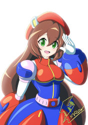 Rule 34 | 1girl, absurdres, android, beret, blush, breasts, brown hair, commentary request, fontatoba, green eyes, hair ornament, hand up, hat, highres, iris (mega man), joints, long hair, looking at viewer, low-tied long hair, medium breasts, mega man (series), mega man x4, mega man x (series), mega man x dive, open mouth, robot joints, salute, signature, simple background, smile, solo, upper body, white background