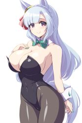 Rule 34 | 1girl, animal ears, black leotard, black pantyhose, blue hair, bow, bowtie, braid, breasts, closed mouth, cowboy shot, crown braid, detached collar, ear ornament, green bow, green bowtie, green nails, horse ears, horse girl, horse tail, large breasts, leotard, long hair, looking at viewer, mejiro ardan (umamusume), nontraditional playboy bunny, pantyhose, pataneet, purple eyes, rabbit tail, simple background, smile, solo, strapless, strapless leotard, tail, traditional bowtie, umamusume, umamusume: cinderella gray, white background, wrist cuffs