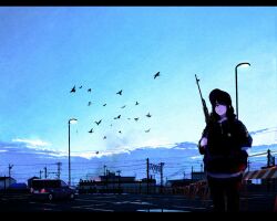 Rule 34 | 1girl, bird, car, closed mouth, cloud, commentary, flock, hand in pocket, highres, letterboxed, long hair, motor vehicle, original, orval, outdoors, parking lot, power lines, roadblock, scenery, sky, solo, standing, utility pole, weapon, weapon on back, wide shot, zipper pull tab