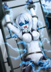 Rule 34 | 10s, 1girl, abyssal ship, bdsm, blindfold, colored skin, dental gag, electrocution, gag, gagged, gloves, highres, kantai collection, restrained, ring gag, saliva, solo, stationary restraints, white hair, white skin, wo-class aircraft carrier, yasume yukito