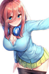Rule 34 | 1girl, blue cardigan, blue eyes, blush, breasts, cardigan, cleavage, closed mouth, clothes pull, collared shirt, commentary request, cowboy shot, go-toubun no hanayome, green skirt, hair between eyes, headphones, headphones around neck, highres, large breasts, long hair, long sleeves, looking at viewer, motokonut, nakano miku, outstretched arm, pantyhose, pantyhose pull, pink hair, pleated skirt, pocket, pulled by self, shirt, sidelocks, simple background, skindentation, skirt, solo, v-shaped eyebrows, white background, white shirt