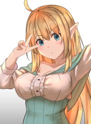 Rule 34 | 1girl, absurdres, bad id, bad pixiv id, bare shoulders, blonde hair, blue eyes, blush, breasts, cleavage, commentary request, dress, elach, elf, hair between eyes, highres, large breasts, long hair, looking at viewer, original, pointy ears, simple background, solo, striped clothes, striped dress, v, white background