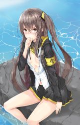 Rule 34 | 1girl, black jacket, black skirt, blush, bow, breasts, brown eyes, brown hair, girls&#039; frontline, hair bow, hand in mouth, highres, jacket, long hair, looking at viewer, no bra, ocean, open clothes, open shirt, scar, shirt, simple background, skirt, small breasts, so myeolchi, solo, ump45 (girls&#039; frontline), very long hair, white shirt