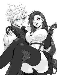 Rule 34 | 1boy, 1girl, artist name, blonde hair, blue eyes, breasts, carrying, cloud strife, final fantasy, final fantasy vii, final fantasy vii remake, gloves, happy, highres, holding, holding person, large breasts, light blush, long hair, looking away, midriff, one eye closed, princess carry, red eyes, shy, signature, skirt, spiked hair, sports bra, spykeee, suspender skirt, suspenders, swept bangs, tank top, thighhighs, tifa lockhart, uniform, white background