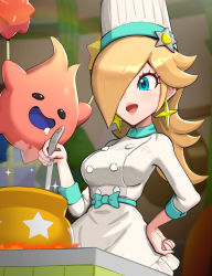 Rule 34 | 1girl, alternate costume, blonde hair, blue eyes, breasts, chef, chef hat, cooking, gonzarez, hair over one eye, hat, highres, hungry luma (super mario galaxy), large breasts, mario (series), mario kart, mario kart tour, nintendo, one eye covered, open mouth, rosalina, rosalina (chef)