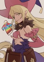 Rule 34 | 1girl, bare shoulders, book, breasts, brown hair, detached sleeves, fur, green eyes, grey background, hat, long hair, magilou (tales), open mouth, pointy ears, tales of (series), tales of berseria, very long hair, witch hat