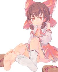Rule 34 | 1girl, ascot, barefoot, bow, brown hair, chaosexceed, closed mouth, dress, feet, foot focus, foreshortening, frilled bow, frilled dress, frilled skirt, frills, full body, geta, hair bow, hair tubes, hakurei reimu, hand on knee, looking at viewer, nontraditional miko, red bow, red dress, red eyes, red skirt, sandals, simple background, skirt, smile, socks, soles, solo, tabi, toes, touhou, underwear, unworn sandals, white background, white sleeves, yellow ascot, zouri