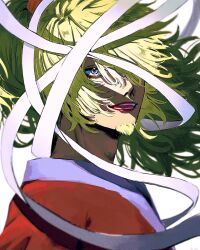 Rule 34 | 1boy, bad id, bad twitter id, bandages, blonde hair, commentary, facial hair, goatee, hair over one eye, high ponytail, highres, japanese clothes, killer (one piece), kimono, looking at viewer, male focus, one piece, ponytail, profile, red lips, simple background, smile, solo, white background, wudus6