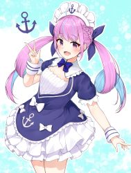 Rule 34 | 1girl, absurdres, anchor symbol, braid, breasts, cleavage cutout, clothing cutout, colored inner hair, commentary request, dress, highres, hololive, long hair, looking at viewer, maid, maid headdress, minato aqua, minato aqua (1st costume), multicolored hair, open mouth, purple eyes, purple hair, racchi., ribbon, simple background, small breasts, solo, twintails, v, virtual youtuber