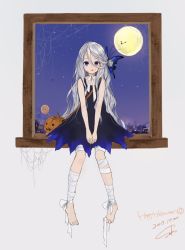 Rule 34 | 1girl, :q, bag, bandaged leg, bandages, bare arms, bare shoulders, barefoot, blue dress, blue eyes, blue sky, butterfly hair ornament, candy, choker, closed mouth, commentary request, dated, dress, feet, food, food on face, full body, grey hair, hair between eyes, hair ornament, halloween, happy halloween, highres, jack-o&#039;-lantern, lollipop, long hair, neck ribbon, night, night sky, original, pumpkin, ribbon, sako (35s 00), shoulder bag, signature, sitting, sky, solo focus, star (sky), starry sky, tongue, tongue out, v arms, white ribbon, window