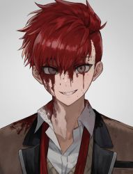 Rule 34 | 1boy, bad id, bad twitter id, blood, blood on clothes, blood on face, brown eyes, brown jacket, buried stars, grin, hair between eyes, highres, jacket, korean commentary, long sleeves, looking at viewer, male focus, monza (saeumon), necktie, red hair, red neckwear, seo hyesung, simple background, smile, solo, sweater vest, undercut, undone necktie, upper body