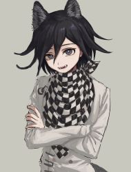 Rule 34 | 1boy, animal ears, black hair, checkered clothes, checkered scarf, commentary request, crossed arms, danganronpa (series), danganronpa v3: killing harmony, fangs, grey background, grey jacket, hair between eyes, jacket, kemonomimi mode, long sleeves, looking at viewer, male focus, open mouth, oma kokichi, purple eyes, renshu usodayo, scarf, short hair, simple background, smile, solo, tail, upper body, wolf boy, wolf ears, wolf tail