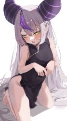 Rule 34 | 1girl, ascot, bare shoulders, barefoot, black dress, braid, braided bangs, commentary request, demon horns, dress, highres, hololive, holox, horns, kote11272424, la+ darknesss, long hair, multicolored hair, purple hair, solo, streaked hair, striped horns, toes, very long hair, virtual youtuber, yellow ascot