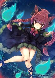 Rule 34 | 1girl, :3, animal ear fluff, animal ears, black bow, blue background, blunt bangs, bow, braid, breasts, cat ears, closed mouth, dress, ghost, green dress, hair bow, highres, kaenbyou rin, long hair, long sleeves, looking at viewer, medium breasts, red eyes, red hair, solo, touhou, tousen, twin braids, wide sleeves