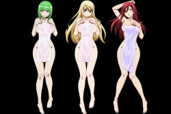 Rule 34 | 3girls, absurdres, bathing, black background, blonde hair, blush, brandish mew, breasts, covering privates, erza scarlet, fairy tail, green hair, highres, large breasts, lucy heartfilia, multiple girls, naked towel, nude, nude cover, red hair, same-sex bathing, shared bathing, sideboob, smile, towel