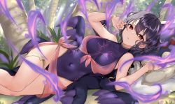 Rule 34 | 1girl, ahoge, alternate costume, black hair, black one-piece swimsuit, bracelet, breasts, character doll, commentary, commission, corruption, covered navel, dark persona, english commentary, fire emblem, fire emblem awakening, fire emblem heroes, grima (fire emblem), hair between eyes, haru (nakajou-28), highres, jewelry, looking at viewer, lying, magic, medium breasts, morgan (female) (fire emblem), morgan (fire emblem), nintendo, one-piece swimsuit, outdoors, possessed, possession, purple one-piece swimsuit, red eyes, sarong, short hair, solo, swimsuit, tree