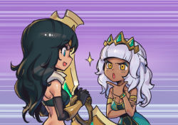 Rule 34 | 2girls, :o, bare shoulders, black gloves, black hair, blunt bangs, breasts, cleavage, collarbone, dark-skinned female, dark skin, dress, elbow gloves, from side, gloves, green dress, grey hair, large breasts, league of legends, long hair, looking at another, multiple girls, open mouth, phantom ix row, pink background, profile, qiyana (league of legends), sivir, thinking