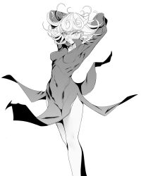 Rule 34 | 1girl, absurdres, arms behind head, brashear lushert, breasts, covered navel, curly hair, dress, floating clothes, greyscale, highres, looking at viewer, medium breasts, medium hair, monochrome, one-punch man, simple background, solo, tatsumaki, white background