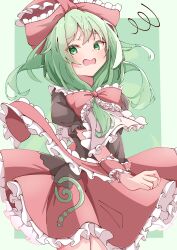 Rule 34 | 1girl, absurdres, arm ribbon, bow, dress, embarrassed, frilled bow, frilled dress, frilled ribbon, frills, front ponytail, green background, green eyes, green hair, hair bow, highres, kagiyama hina, long hair, open mouth, red bow, red dress, ribbon, saimu taju, short sleeves, solo, thighs, touhou, two-tone background