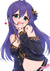 Rule 34 | ..., 1girl, ahoge, animal print, aqua eyes, belt, black belt, black shirt, blush, bow, breasts, chain, cleavage, commentary, dot nose, earrings, hair between eyes, hair bow, hand up, heart, highres, idolmaster, idolmaster million live!, idolmaster million live! theater days, ima (lm ew), jewelry, leopard print, long hair, looking at viewer, medium breasts, midriff, mochizuki anna, nail polish, navel, necklace, open mouth, pink nails, purple hair, shirt, sidelocks, smile, solo, star (symbol), star earrings, star necklace, upper body, white background