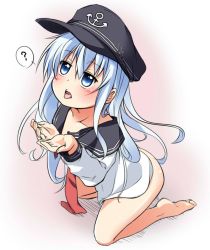Rule 34 | 10s, 1girl, ?, bare legs, barefoot, blue eyes, cupping hands, hat, hibiki (kancolle), kantai collection, kneeling, long hair, own hands together, partially undressed, personification, school uniform, serafuku, silver hair, skirt, solo, spoken question mark, wakagi repa