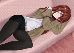 Rule 34 | 1girl, belt, black pantyhose, brown hair, couch, coughing, jacket, kagetsuki, pantyhose under shorts, long hair, looking at viewer, lying, makise kurisu, on side, pantyhose, parted lips, purple eyes, short shorts, shorts, solo, steins;gate, thighs