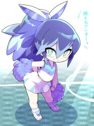 Rule 34 | 1girl, aqua eyes, blue hair, blush stickers, cheerleader, from above, fubukihime, grin, high ponytail, holding, holding pom poms, leaning forward, long hair, looking at viewer, midriff, multicolored hair, nollety, pom pom (cheerleading), pom poms, skirt, sleeveless, smile, solo, traditional youkai, translation request, two-tone hair, youkai (youkai watch), youkai watch, yuki onna