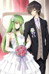 Rule 34 | 1boy, 1girl, bare shoulders, black hair, black jacket, black pants, blurry, blurry background, bouquet, breasts, c.c., choker, cleavage, code geass, collarbone, collared shirt, couple, diadem, dress, dress shirt, earrings, elbow gloves, flower, gloves, green hair, hair flower, hair ornament, hands in pocket, head tilt, highres, holding, holding bouquet, jacket, jewelry, layered dress, lelouch vi britannia, locked arms, long dress, long hair, looking at viewer, lucky keai, medium breasts, necklace, open clothes, open jacket, pants, parted lips, pink flower, pink rose, pleated dress, purple eyes, rose, shirt, sleeveless, sleeveless dress, smile, standing, straight hair, strapless, strapless dress, very long hair, wedding dress, white dress, white flower, white gloves, white shirt, wing collar, yellow eyes