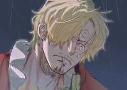 Rule 34 | 1boy, blonde hair, cigarette, crying, crying with eyes open, curly eyebrows, facial hair, hair over one eye, highres, male focus, one piece, rain, redrawn, sanji (one piece), smoking, sweetdou3, tears