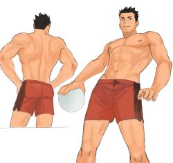 Rule 34 | 1boy, abs, ass, back, ball, bara, brown eyes, brown hair, closed mouth, coffetia, feet out of frame, haikyuu!!, holding, holding ball, male focus, male swimwear, multiple views, muscular, muscular male, pectorals, red male swimwear, red shorts, sawamura daichi, shorts, simple background, swim trunks, topless male, white background
