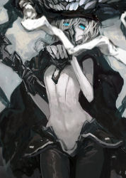 Rule 34 | 10s, 1girl, abyssal ship, blue eyes, bodysuit, cane, cape, covering own mouth, gloves, hat, kantai collection, looking at viewer, pale skin, short hair, silver hair, sketch, solo, tentacles, wo-class aircraft carrier, zen33n