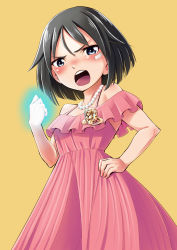 Rule 34 | 1girl, absurdres, angry, bandaid, bandaid on face, bare shoulders, black hair, blue eyes, blush, brave witches, breasts, clenched hand, collarbone, dress, embarrassed, hand on own hip, hasegawa (hase popopo), highres, jewelry, kanno naoe, looking at viewer, necklace, off-shoulder dress, off shoulder, open mouth, pearl necklace, pink dress, short hair, simple background, small breasts, solo, teeth, upper teeth only, world witches series, yellow background