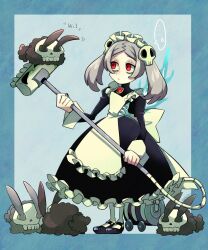 Rule 34 | ..., 1girl, apron, bloody marie (skullgirls), blue background, blue border, border, brooch, dress, dust bunny, falarica, fire, frilled apron, frilled dress, frills, full body, grey hair, hair ornament, half-closed eyes, highres, jewelry, juliet sleeves, long sleeves, maid headdress, mary janes, puffy sleeves, rabbit, red eyes, shoes, skull, skull hair ornament, skullgirls, solo, speech bubble, standing, twintails, vacuum cleaner