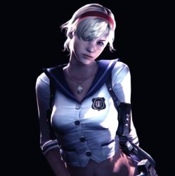 Rule 34 | 1girl, blonde hair, blue eyes, gun, hairband, jewelry, lips, necklace, aged up, resident evil, resident evil 2, resident evil 6, school uniform, serafuku, sherry birkin, short hair, solo, tight clothes, weapon