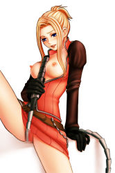 Rule 34 | 1990s (style), 1girl, blonde hair, blue eyes, breasts, breasts out, censored, final fantasy, final fantasy viii, gloves, hair up, long hair, nipples, no panties, quistis trepe, skirt, solo, suhara (protea), whip