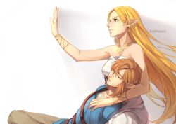 Rule 34 | 1boy, 1girl, artist name, bare arms, bare shoulders, blonde hair, blue tunic, bracelet, bracer, breasts, closed eyes, closed mouth, couple, dress, eorinamo, green eyes, grey pants, hand up, hetero, hug, jewelry, light brown hair, link, long hair, lying, lying on person, medium breasts, neck, necklace, nintendo, on back, pants, pointy ears, princess zelda, serious, short hair, sitting, strap, strapless, strapless dress, tears, the legend of zelda, the legend of zelda: breath of the wild, tunic, unconscious, very long hair, white dress