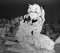 Rule 34 | 1girl, 7743, a.i. voice, adachi rei, amputee, android, belt, cable, commentary, corded phone, crt, desk, double amputee, full body, gloves, greyscale, hand on own knee, hand up, headlamp, highres, holding, holding phone, indoors, jacket, long sleeves, looking up, mechanical parts, medium hair, messy room, monochrome, office, on desk, one side up, open clothes, open jacket, open mouth, outstretched arm, phone, photo background, pleated skirt, radio antenna, shirt, shirt tucked in, sitting, skirt, solo, subdermal port, turtleneck, turtleneck shirt, utau