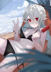 Rule 34 | 1girl, absurdres, ao oni (onioni-aoi), arknights, beach, bikini, bikini pull, bikini top pull, black bikini, black nails, clothes pull, collarbone, day, food, hammock, highres, holding food, holding popsicle, long hair, looking at viewer, lying, navel, on back, open mouth, outdoors, pointy ears, popsicle, pulling own clothes, red eyes, shade, sidelocks, solo, sweat, swimsuit, warfarin (arknights), white hair