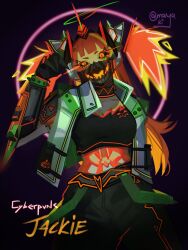Rule 34 | alternate costume, amayaaki16, black pants, black sclera, black shirt, blunt bangs, borrowed character, character name, colored sclera, crop top, cyberpunk, glowing, glowing eyes, hand up, highres, jacket, jackie lanturne (porqueloin), long hair, mask, midriff, mouth mask, ninja mask, open clothes, open jacket, orange eyes, orange hair, original, pants, shirt, simple background, spiked hair, twintails, white jacket