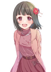 Rule 34 | 1girl, arms behind back, belt, black eyes, blurry, blush, bow, breasts, brown belt, depth of field, dot nose, dress bow, flower, glint, green hair, highres, idolmaster, idolmaster cinderella girls, idolmaster cinderella girls starlight stage, jacket, jewelry, looking at viewer, medium breasts, necklace, niwa hitomi, open clothes, open jacket, open mouth, peony (flower), pink bow, pink jacket, pink shirt, pink skirt, plaid, plaid bow, red flower, shirt, short hair, simple background, skirt, smile, solo, tottoto tomekichi, white background