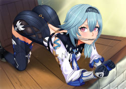 Rule 34 | 1girl, absurdres, all fours, annoyed, aqua hair, ass, bare shoulders, bdsm, blush, bondage, boots, bound, bound wrists, breasts, embarrassed, eula (genshin impact), gagged, genshin impact, gloves, hairband, highres, leotard, long hair, looking at viewer, perdia, purple eyes, shiny clothes, sideboob, solo, thigh boots, thighhighs, top-down bottom-up