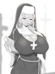 Rule 34 | 1girl, backlighting, bible (object), book, breasts, cleavage, commentary, covered erect nipples, cross, cross necklace, english commentary, greyscale, habit, huge breasts, impossible clothes, jewelry, magister, medium hair, mole, mole under eye, monochrome, necklace, nun, original, rope around waist, side slit, solo, taut clothes, thighs