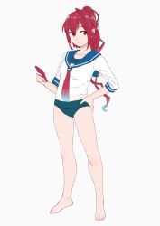 Rule 34 | 1girl, bad id, bad twitter id, barefoot, cellphone, feet, full body, hair ribbon, hand on own hip, i-168 (kancolle), kantai collection, long hair, long sleeves, necktie, ojipon, phone, pink hair, ponytail, red eyes, red necktie, ribbon, school swimsuit, school uniform, serafuku, simple background, smartphone, solo, standing, swimsuit, swimsuit under clothes, white background