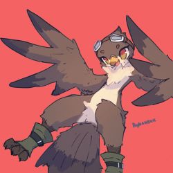 Rule 34 | 1girl, artist name, beak, feathers, female focus, furry, furry female, goggles, goggles on head, highres, open mouth, original, red background, rykanokk, simple background, solo, wings