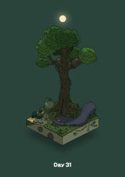 Rule 34 | absurdres, animal, boulder, commentary request, diorama, full moon, gozz, green background, highres, in tree, isometric, lying, monkey, moon, mos, night, on stomach, original, plant, red eyes, sleeping, tree, vines